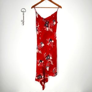 Red floral hi-lo thin strap A-Line Summer dress. Size Large